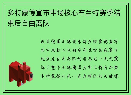 多特蒙德宣布中场核心布兰特赛季结束后自由离队